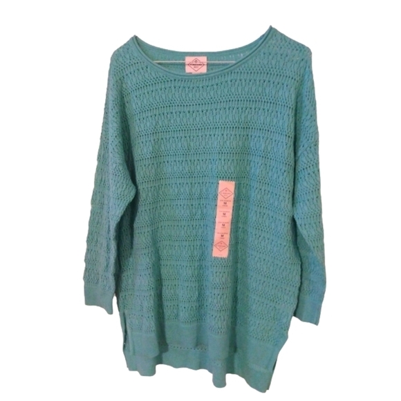 Mint Green Crew Neck Eyelet Sweater St. John's 3/4 Sleeved Beachy Layering NWT M - Picture 1 of 11